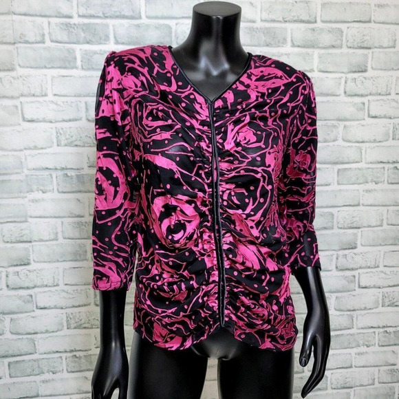 Vintage 80s Black Pink Burnout Velvet Sheer Snap Blouse Popover 3/4 Sleeve‎ - Picture 1 of 4